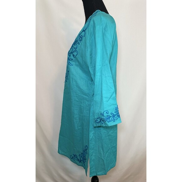Chances R Blue Embroidered‎ 3/4 Sleeve Cotton Tunic Blouse Resort Wear Women's - Picture 3 of 15